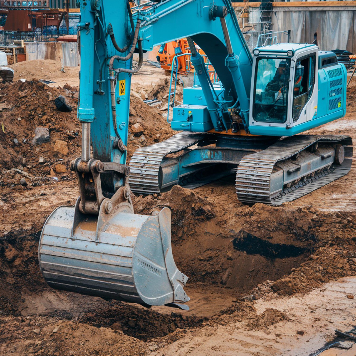 Heavy excavator preparing ground and grading soil foundation